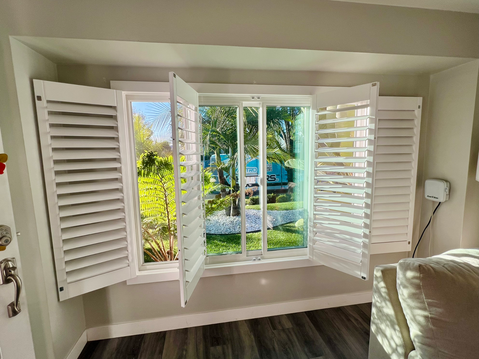 AI-powered home design visualization showing plantation shutters